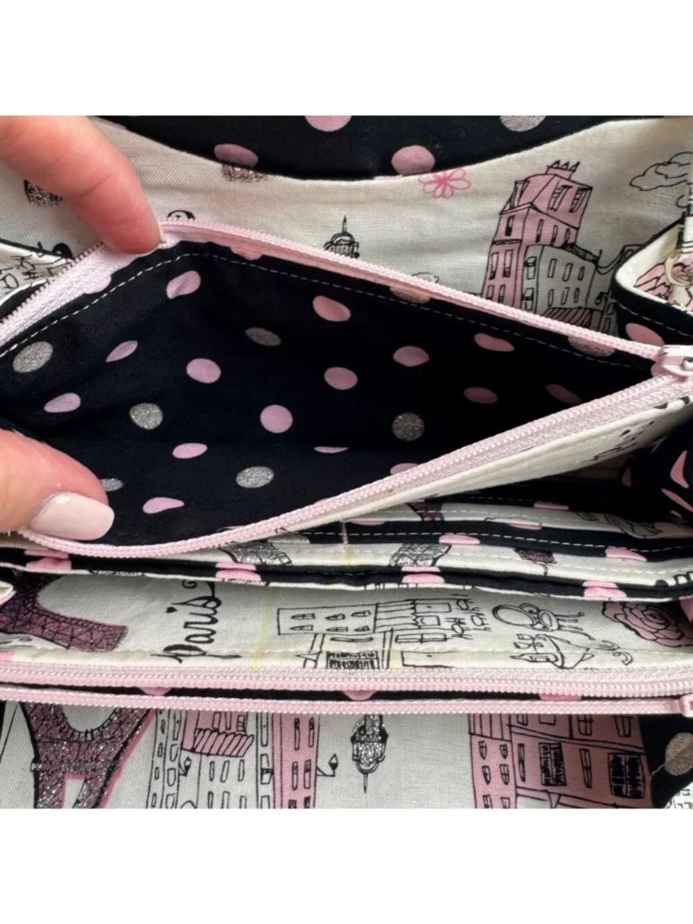 Handmade Clutch Small Shoulder Bag Purse Paris White Pink Glitter Fun Girly